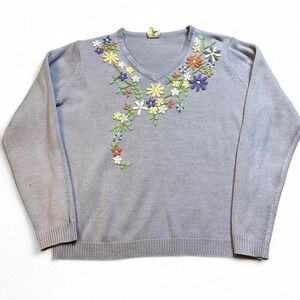 Vintage knitted cottage core floral v-neck sweater size women's large
